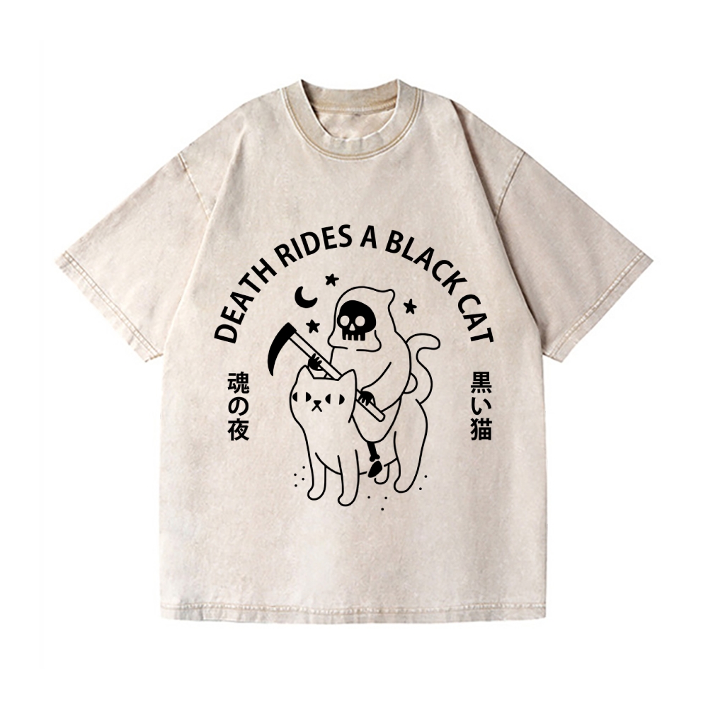 Death Rides A Black Cat Vintage Wash Japanese Design T-Shirt