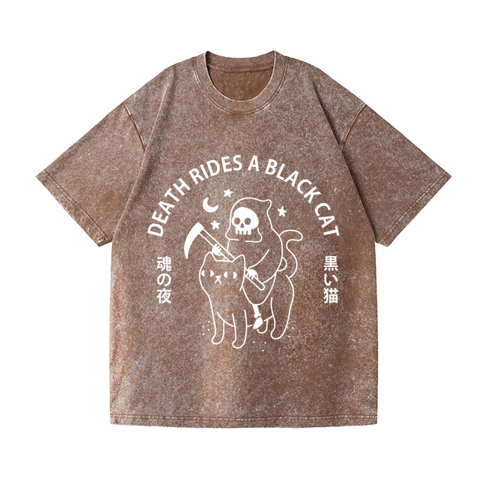 Death Rides A Black Cat Vintage Wash Japanese Design T-Shirt