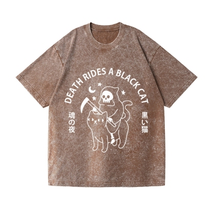 Death Rides A Black Cat Vintage Wash Japanese Design T-Shirt