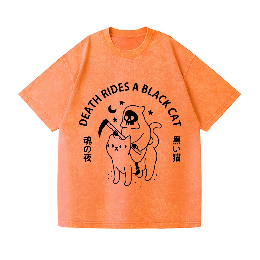 Death Rides A Black Cat Vintage Wash Japanese Design T-Shirt