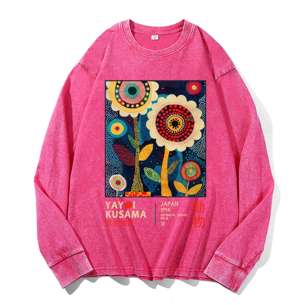 Yayoi Kusama Flower Vintage Cotton Wash Crewneck Long-Sleeve T