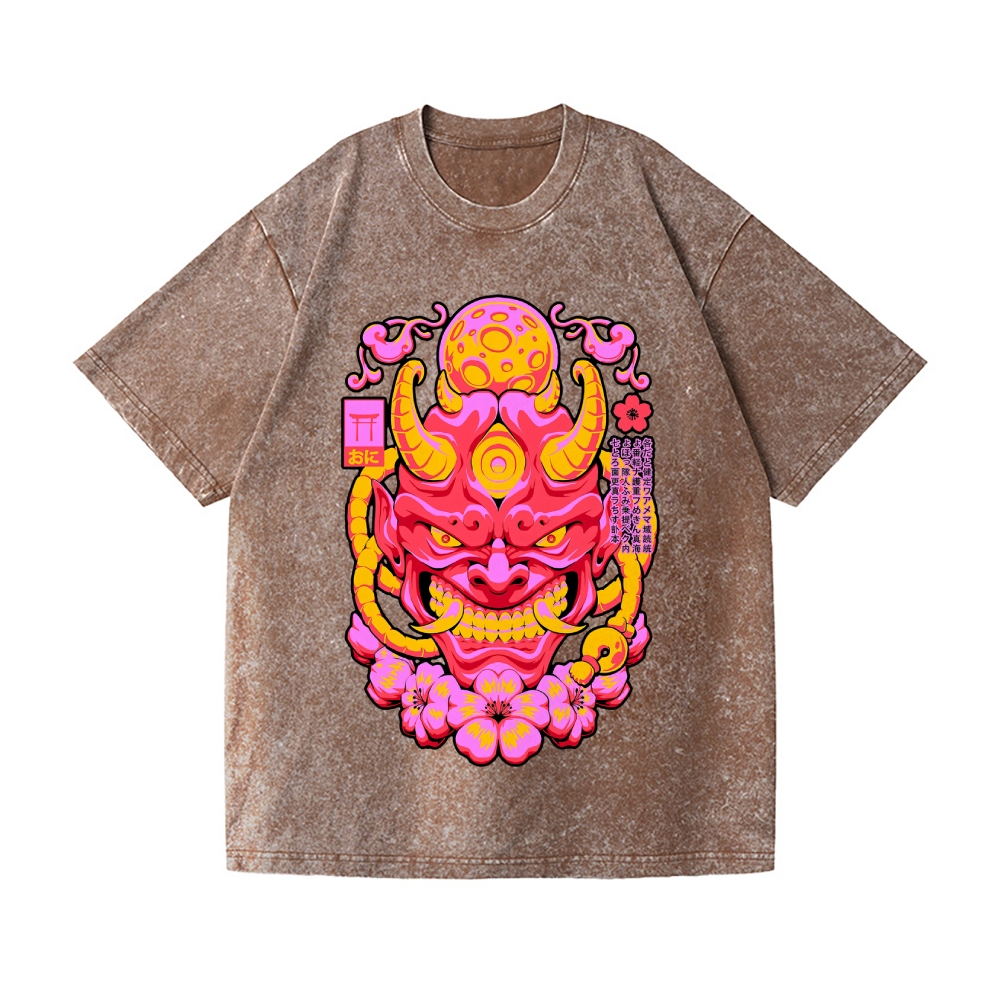 Red Yokai Mask Vintage Wash Japanese Design T-Shirt – Japan-tiger, image size:1000x1000