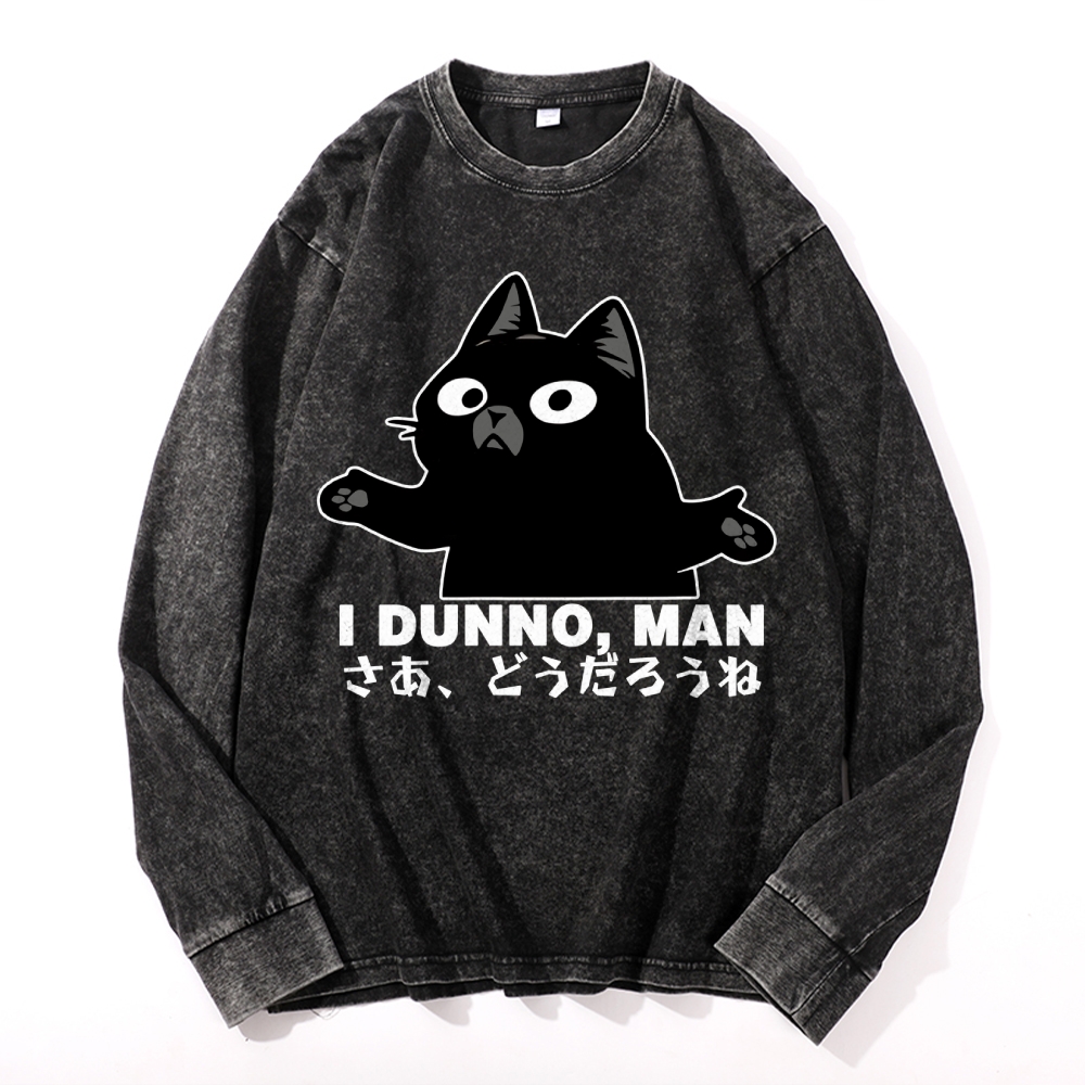Dunno Cat Vintage Cotton Wash Crewneck Long-Sleeve T-Shirt