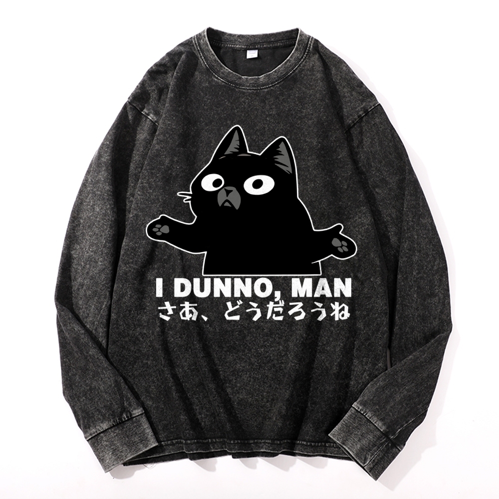 Dunno Cat Vintage Cotton Wash Crewneck Long-Sleeve T-Shirt
