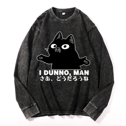 Dunno Cat Vintage Cotton Wash Crewneck Long-Sleeve T-Shirt