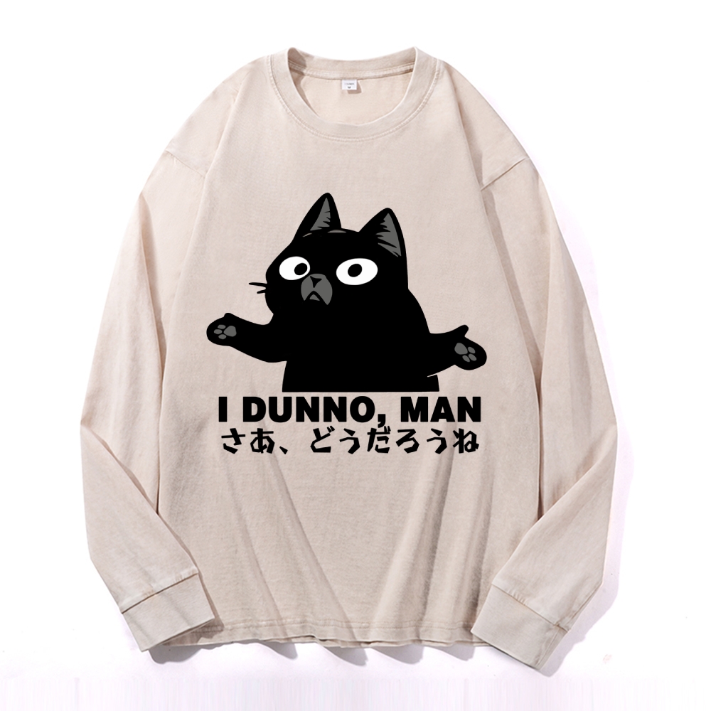 Dunno Cat Vintage Cotton Wash Crewneck Long-Sleeve T-Shirt