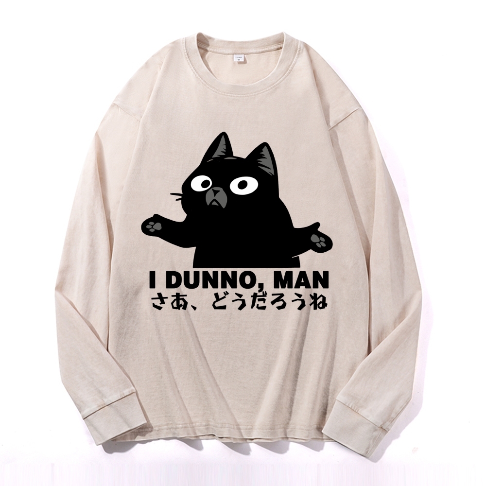 Dunno Cat Vintage Cotton Wash Crewneck Long-Sleeve T-Shirt