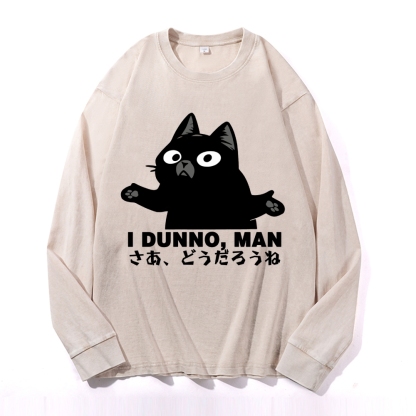Dunno Cat Vintage Cotton Wash Crewneck Long-Sleeve T-Shirt