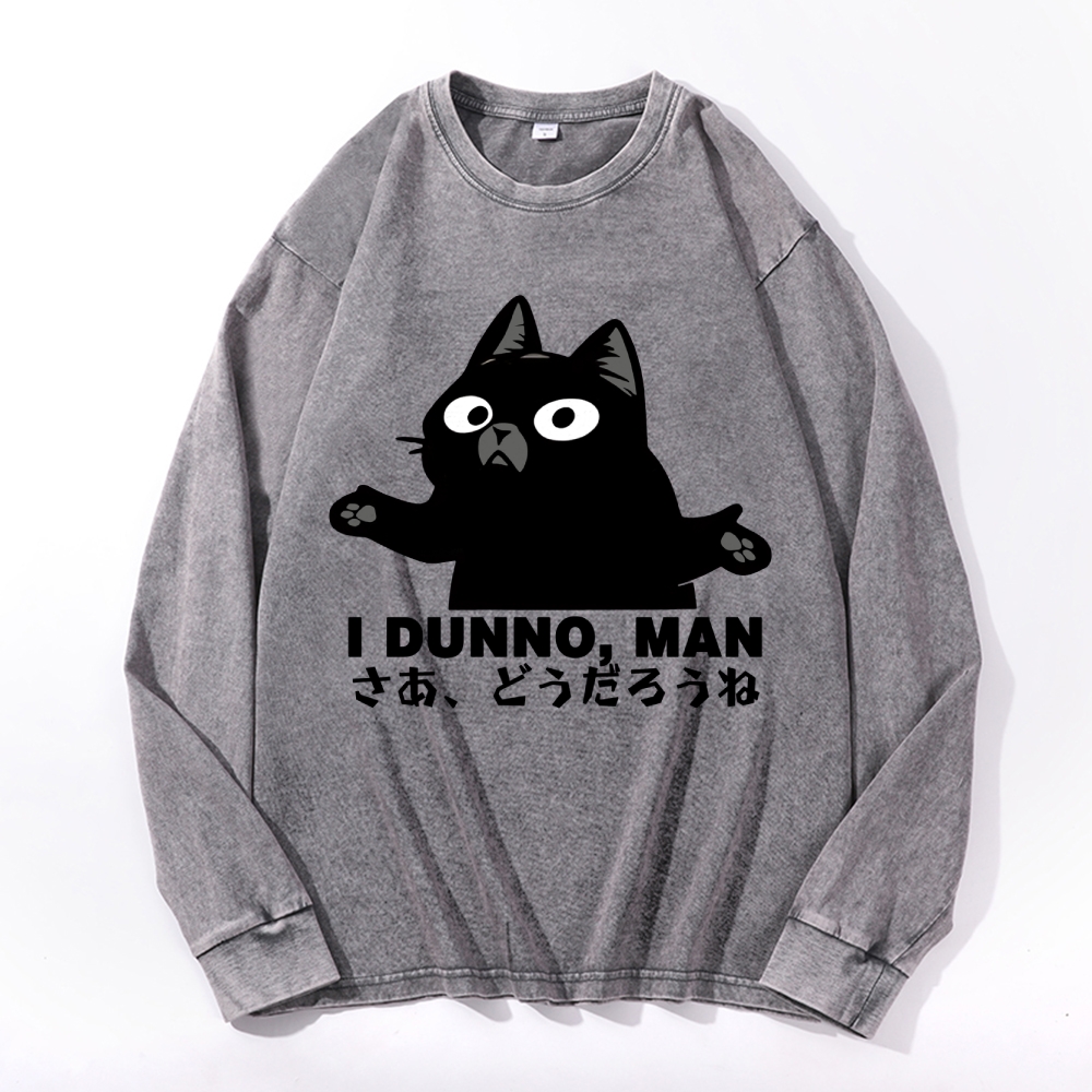 Dunno Cat Vintage Cotton Wash Crewneck Long-Sleeve T-Shirt
