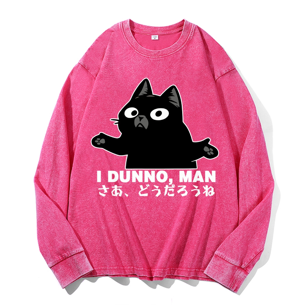 Dunno Cat Vintage Cotton Wash Crewneck Long-Sleeve T-Shirt