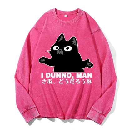 Dunno Cat Vintage Cotton Wash Crewneck Long-Sleeve T-Shirt