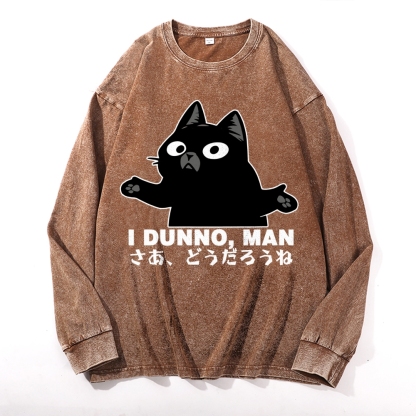 Dunno Cat Vintage Cotton Wash Crewneck Long-Sleeve T-Shirt