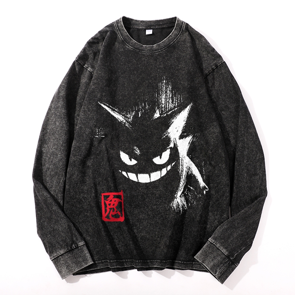 Gengar Vintage Cotton Wash Crewneck Long-Sleeve T-Shirt