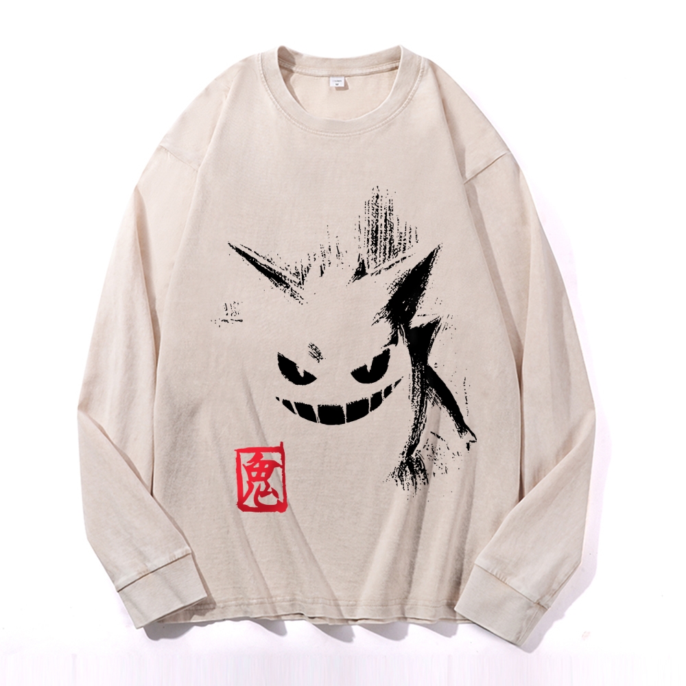 Gengar Vintage Cotton Wash Crewneck Long-Sleeve T-Shirt
