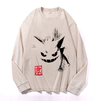 Gengar Vintage Cotton Wash Crewneck Long-Sleeve T-Shirt