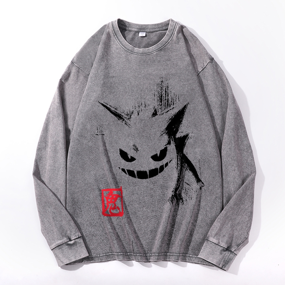 Gengar Vintage Cotton Wash Crewneck Long-Sleeve T-Shirt