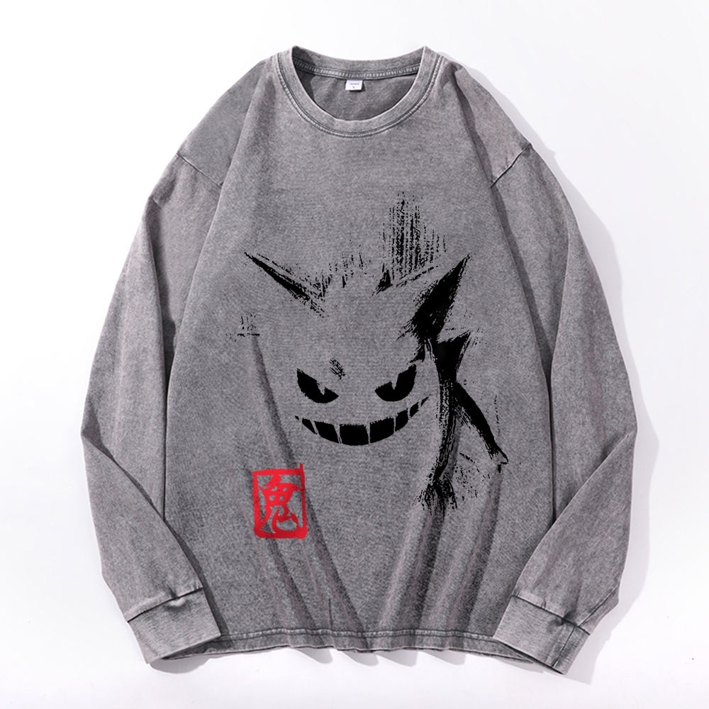 Gengar Vintage Cotton Wash Crewneck Long-Sleeve T-Shirt