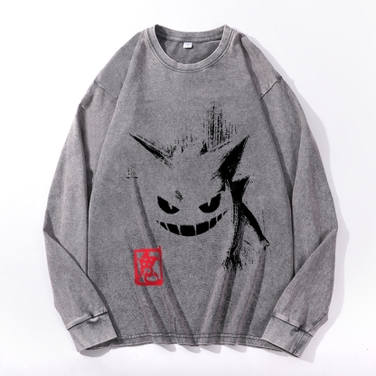 Gengar Vintage Cotton Wash Crewneck Long-Sleeve T-Shirt