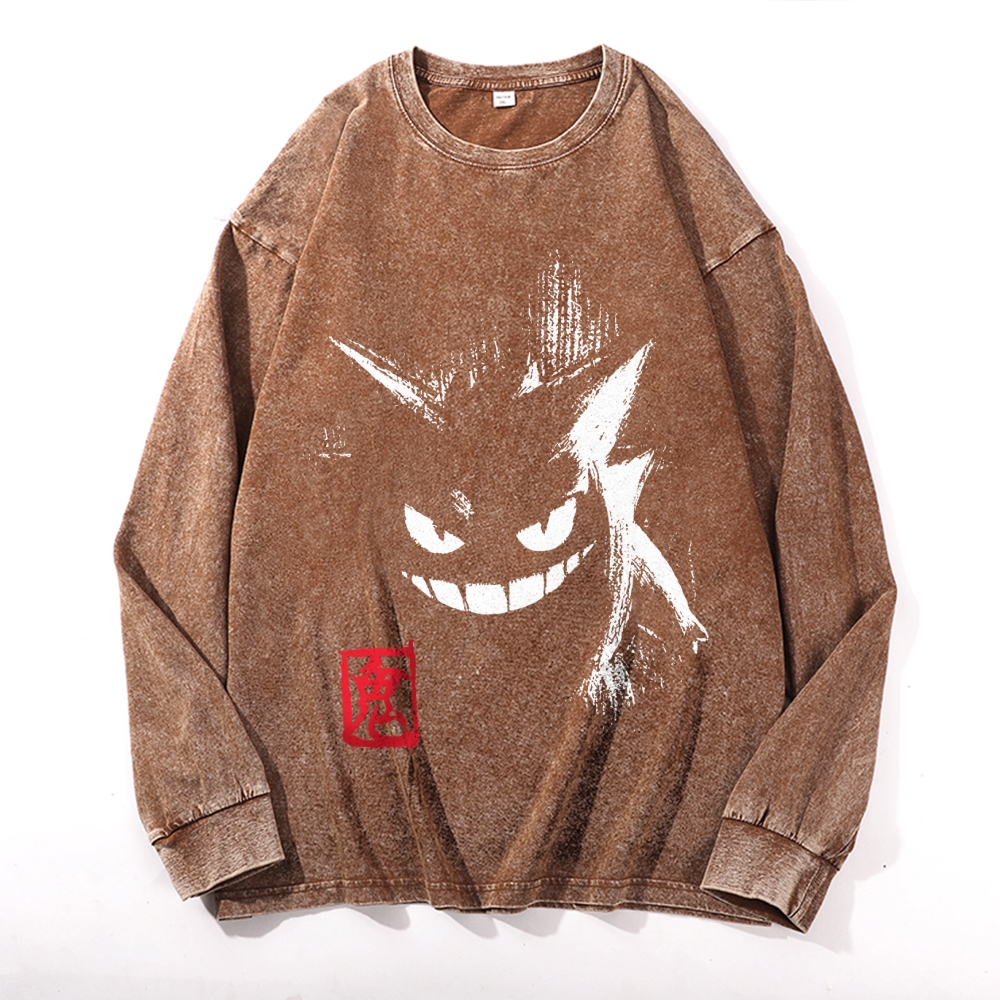 Gengar Vintage Cotton Wash Crewneck Long-Sleeve T-Shirt