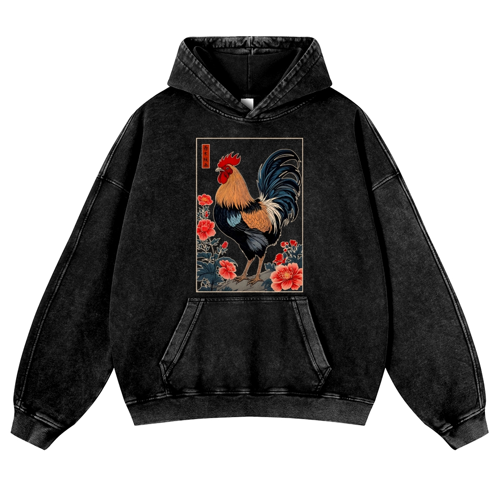 Rooster Vintage Washed Thick Cotton Hoodie