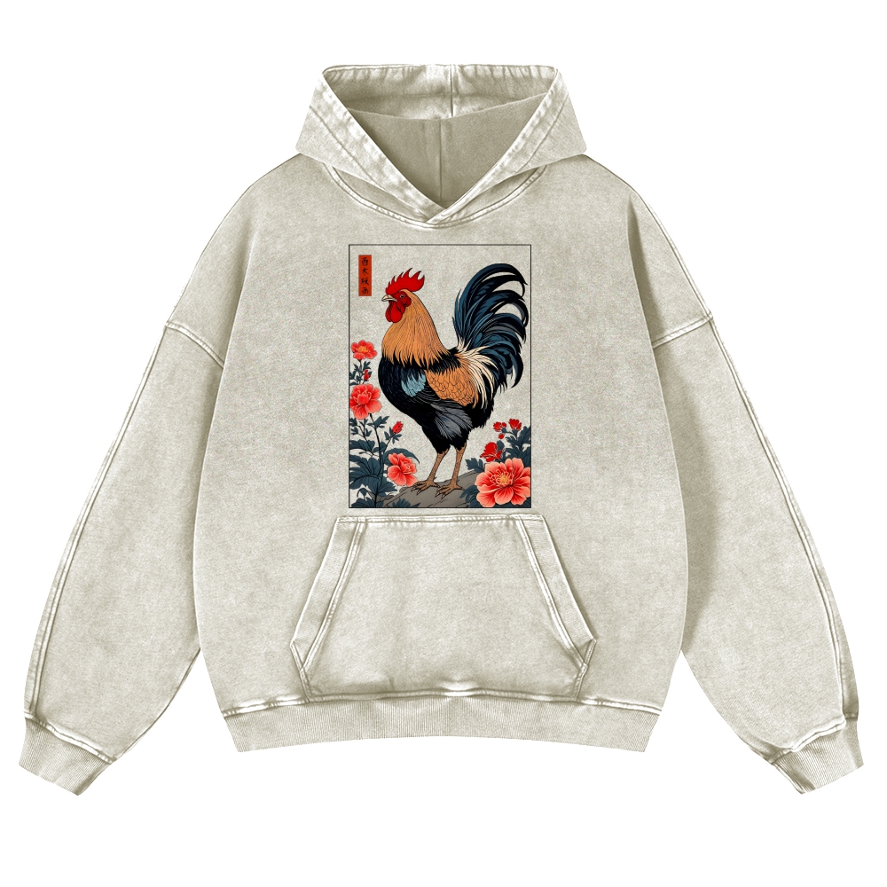 Rooster Vintage Washed Thick Cotton Hoodie