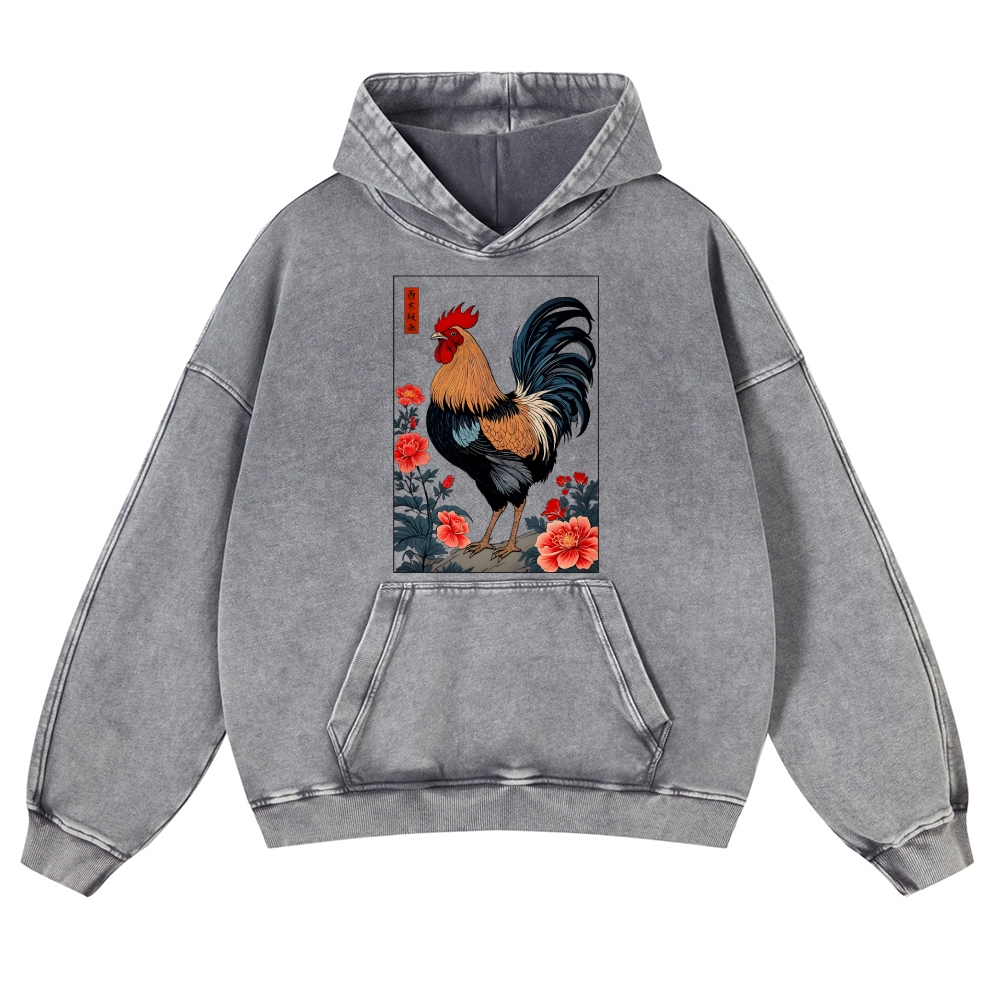 Rooster Vintage Washed Thick Cotton Hoodie