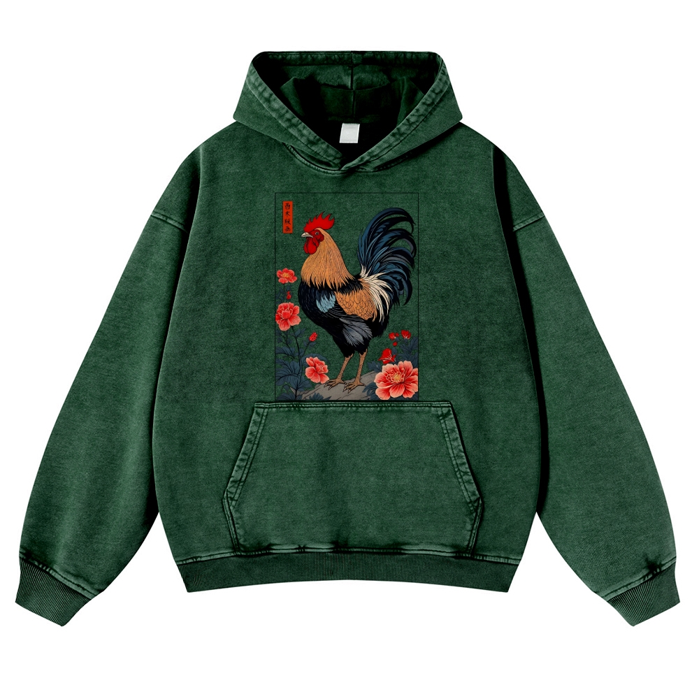 Rooster Vintage Washed Thick Cotton Hoodie