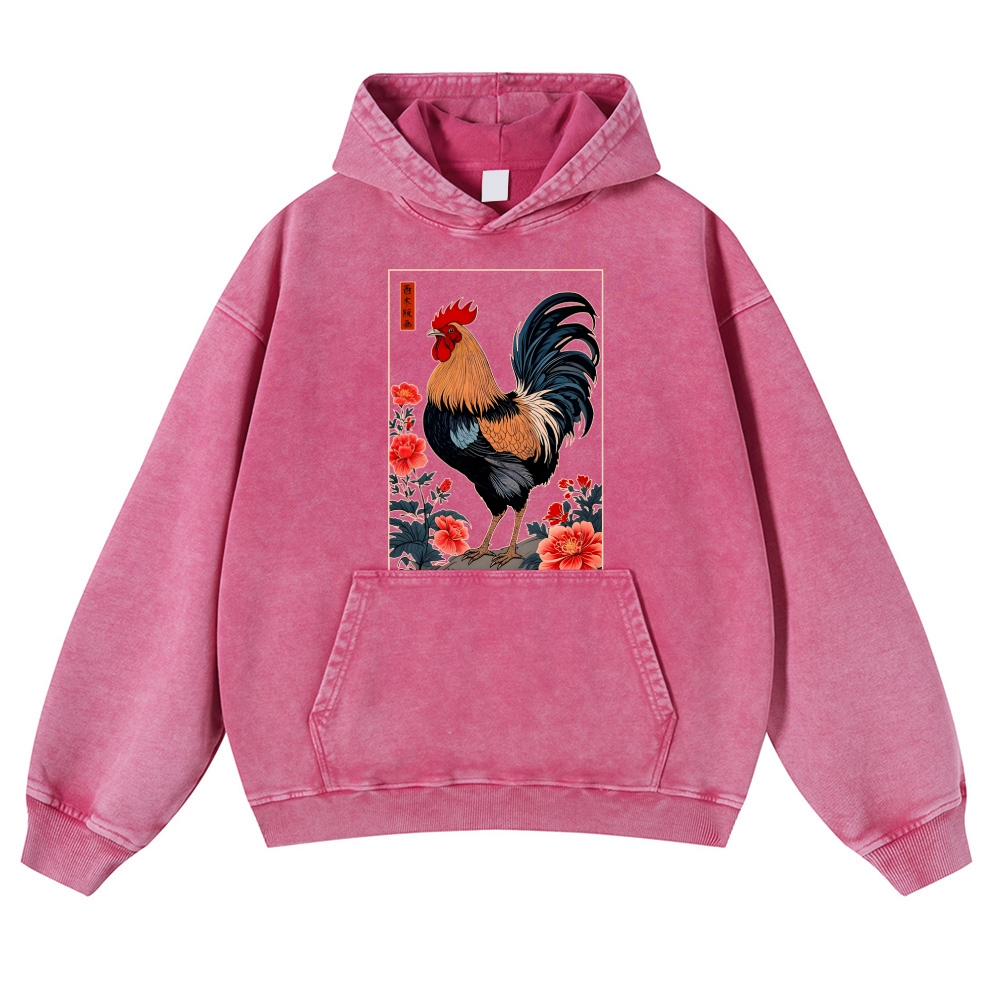 Rooster Vintage Washed Thick Cotton Hoodie