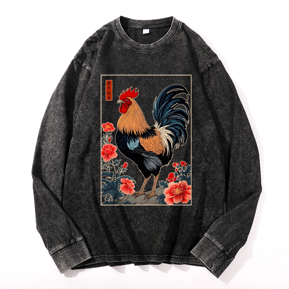 Rooster Vintage Cotton Wash Crewneck Long-Sleeve T-Shirt