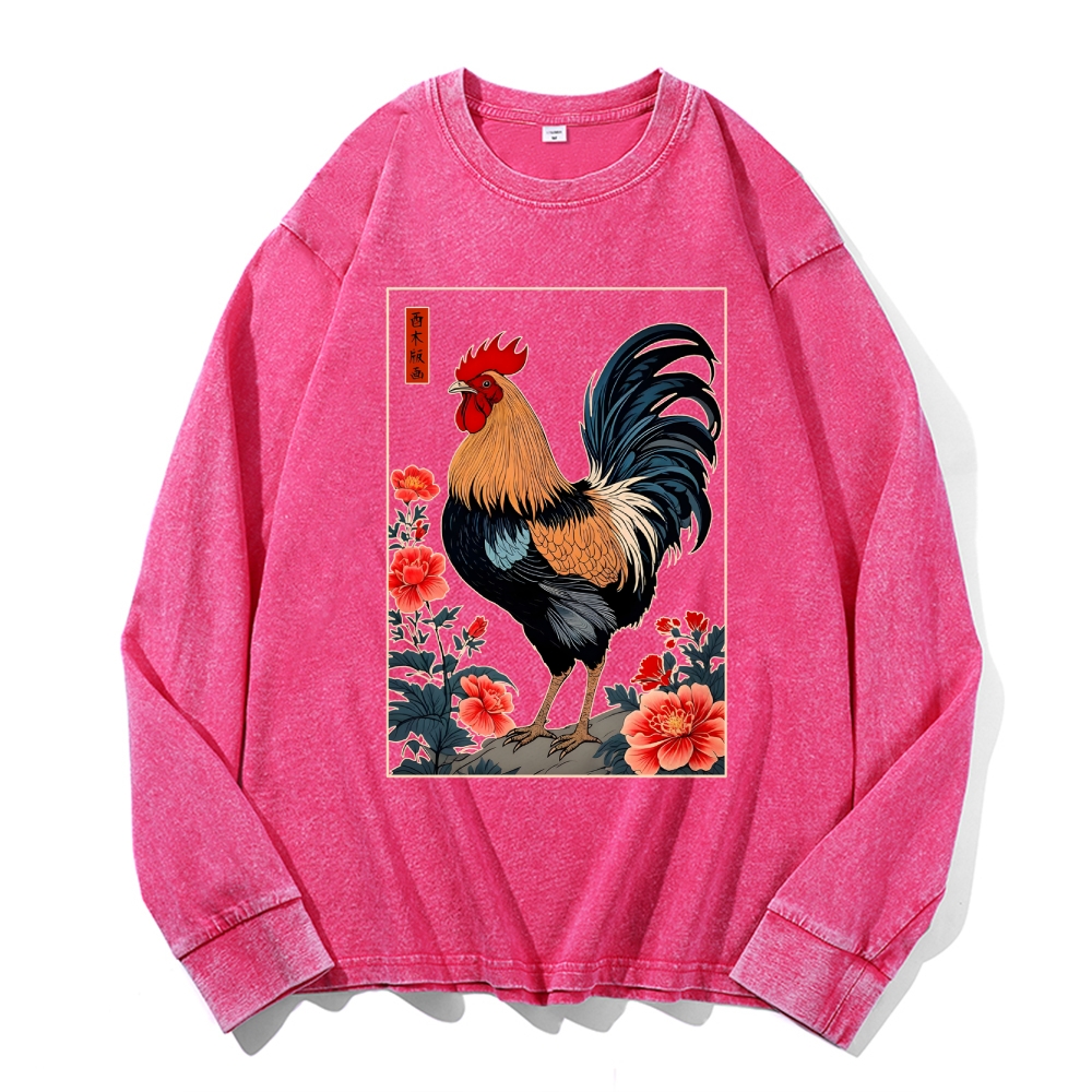 Rooster Vintage Cotton Wash Crewneck Long-Sleeve T-Shirt