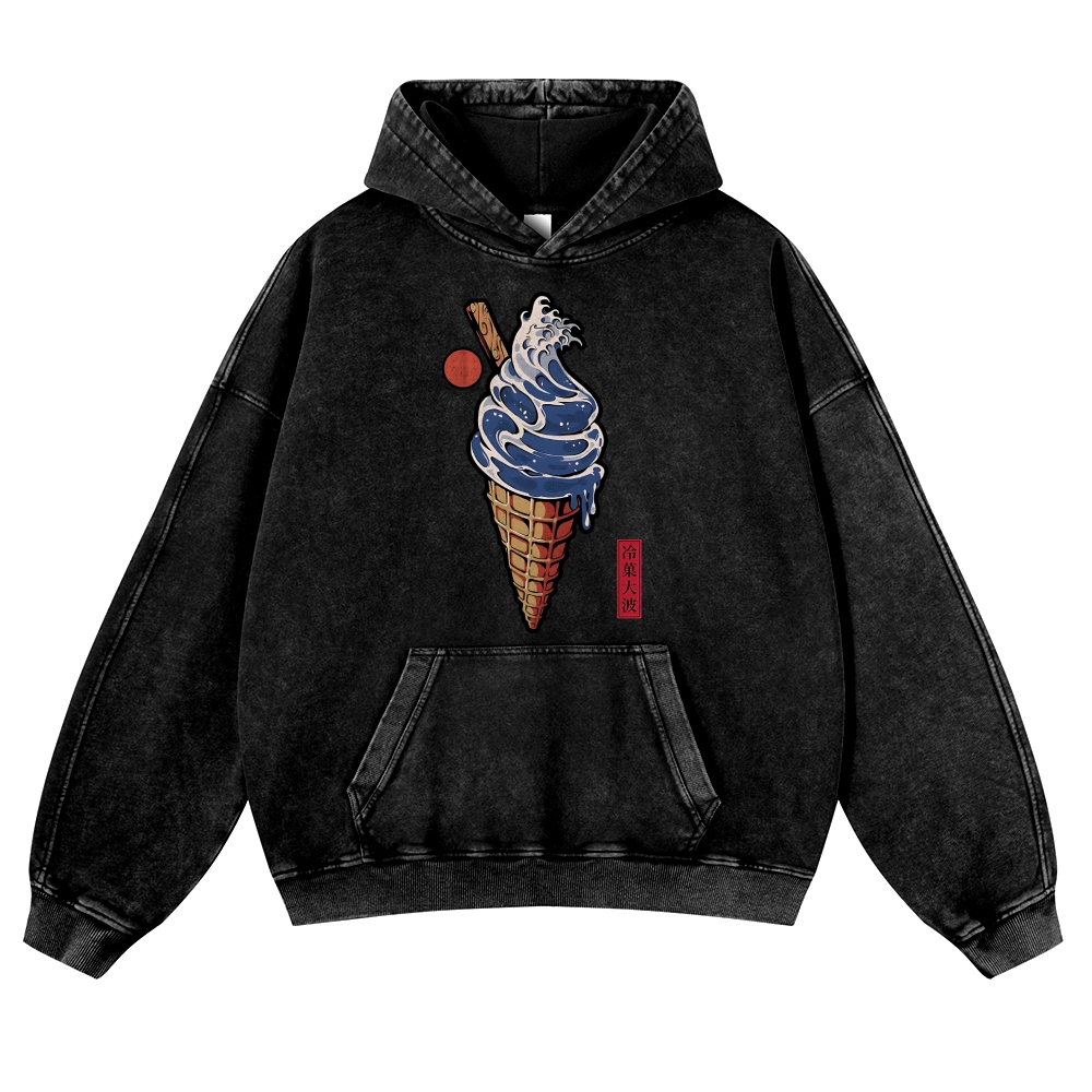 Katsushika Hokusai Great Wave Ice Cream Vintage Washed Thick Cotton Hoodie