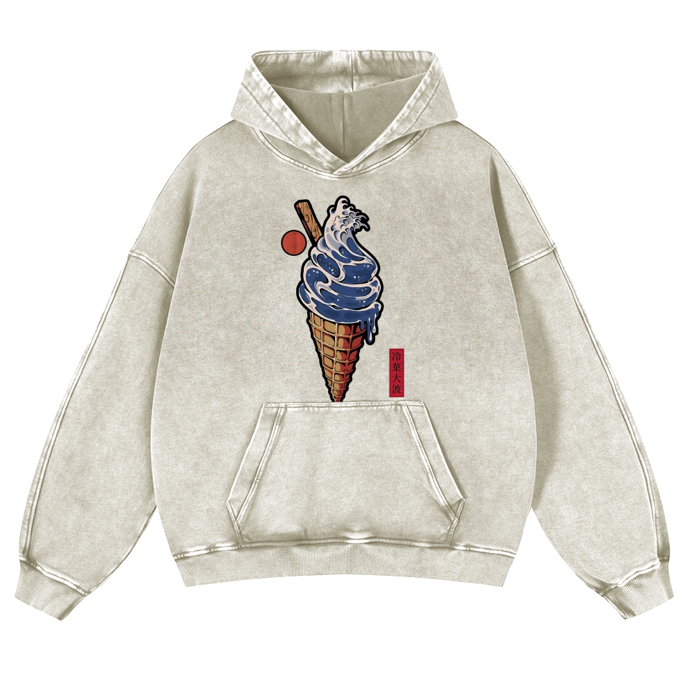 Katsushika Hokusai Great Wave Ice Cream Vintage Washed Thick Cotton Hoodie