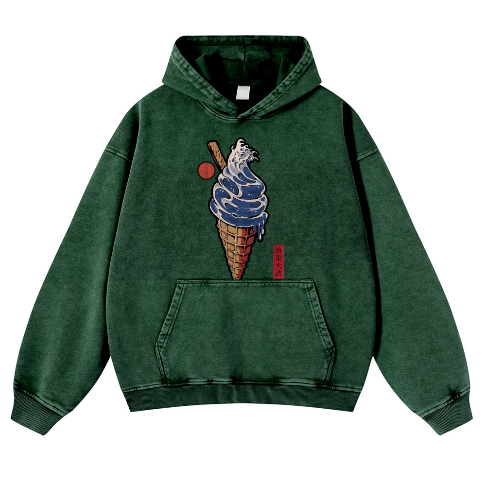 Katsushika Hokusai Great Wave Ice Cream Vintage Washed Thick Cotton Hoodie