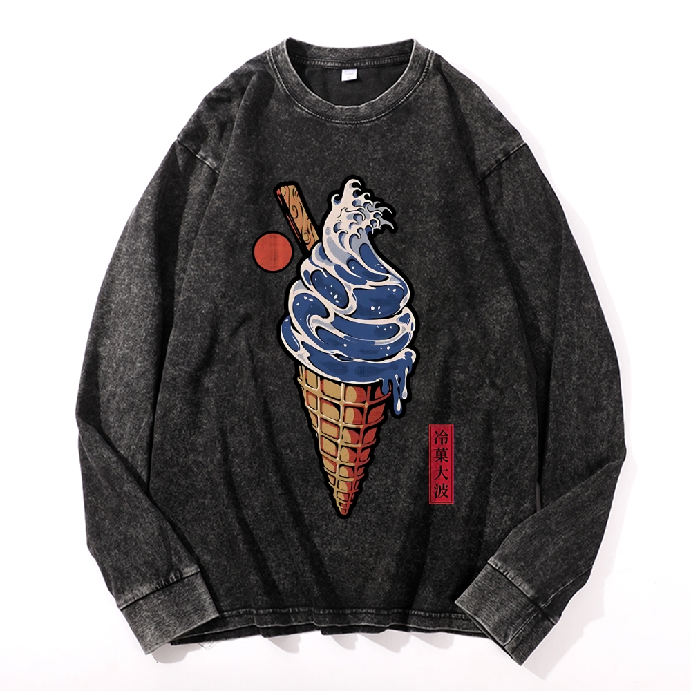 Katsushika Hokusai Great Wave Ice Cream Vintage Cotton Wash Crewneck Long-Sleeve T-Shirt