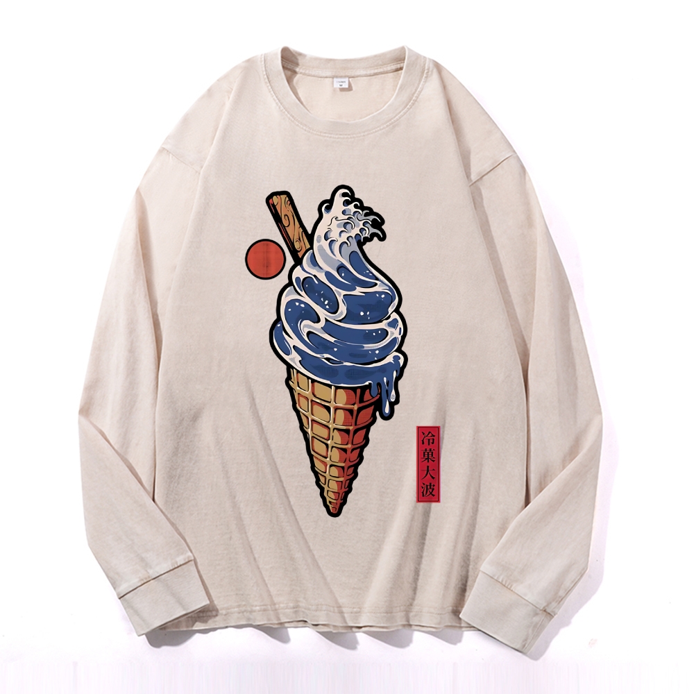 Katsushika Hokusai Great Wave Ice Cream Vintage Cotton Wash Crewneck Long-Sleeve T-Shirt