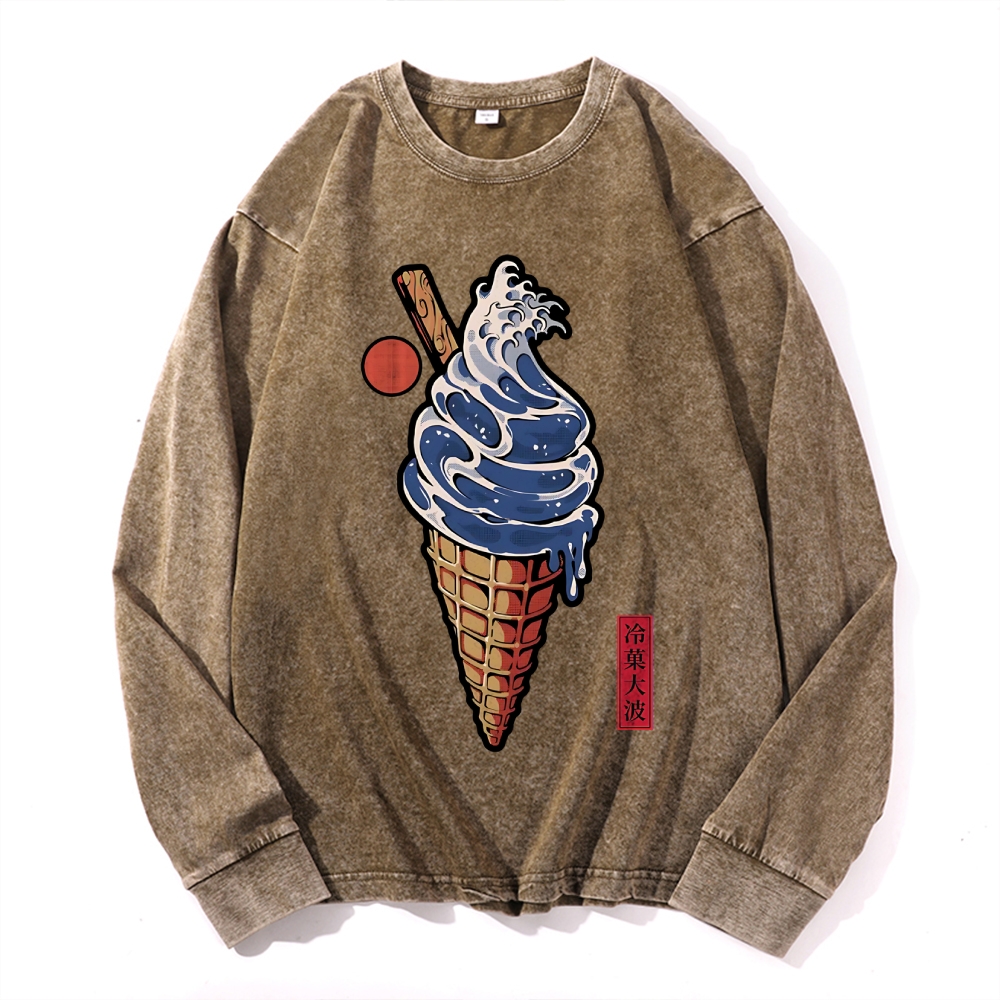 Katsushika Hokusai Great Wave Ice Cream Vintage Cotton Wash Crewneck Long-Sleeve T-Shirt