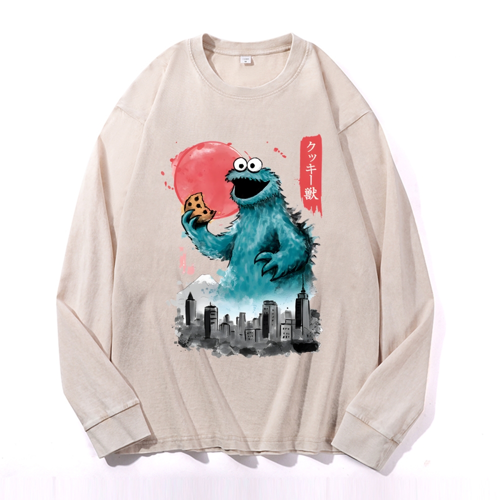 Cookie Kaiju Vintage Cotton Wash Crewneck Long-Sleeve T-Shirt