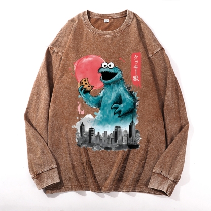 Cookie Kaiju Vintage Cotton Wash Crewneck Long-Sleeve T-Shirt