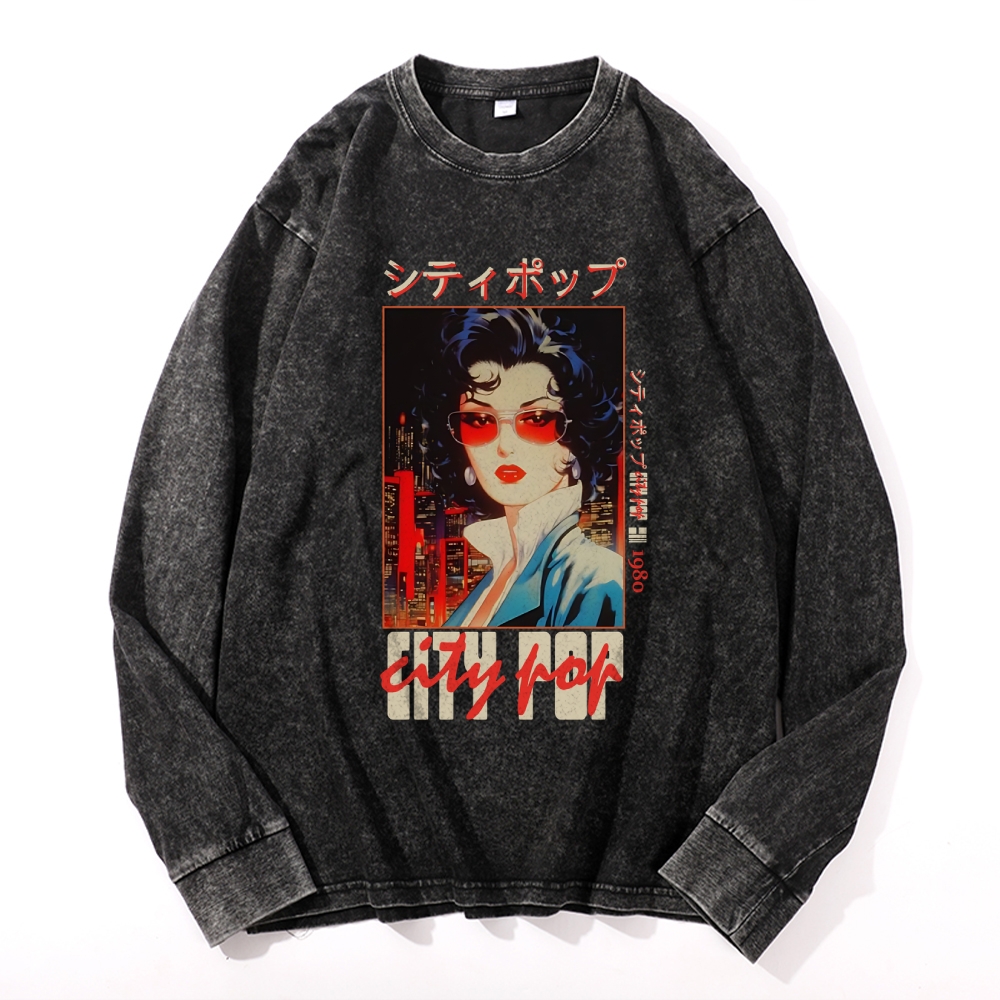 Pop City Vintage Cotton Wash Crewneck Long-Sleeve T-Shirt