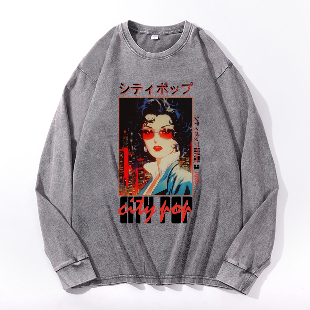 Pop City Vintage Cotton Wash Crewneck Long-Sleeve T-Shirt