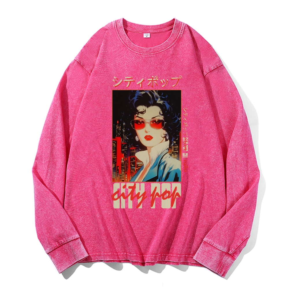 Pop City Vintage Cotton Wash Crewneck Long-Sleeve T-Shirt