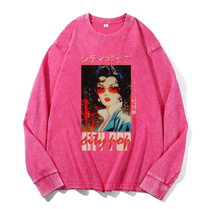 Pop City Vintage Cotton Wash Crewneck Long-Sleeve T-Shirt