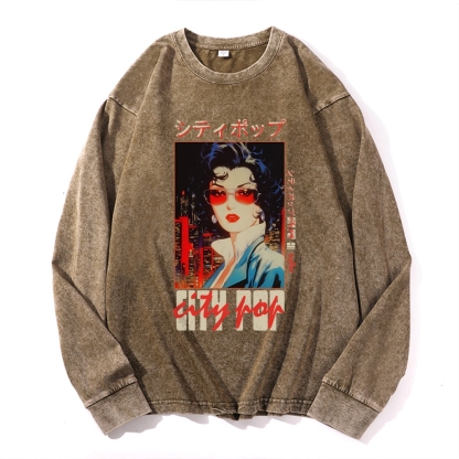 Pop City Vintage Cotton Wash Crewneck Long-Sleeve T-Shirt