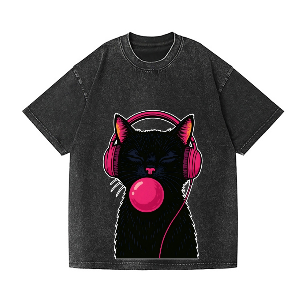 Black Music Cat Vintage Wash Japanese Design T-Shirt