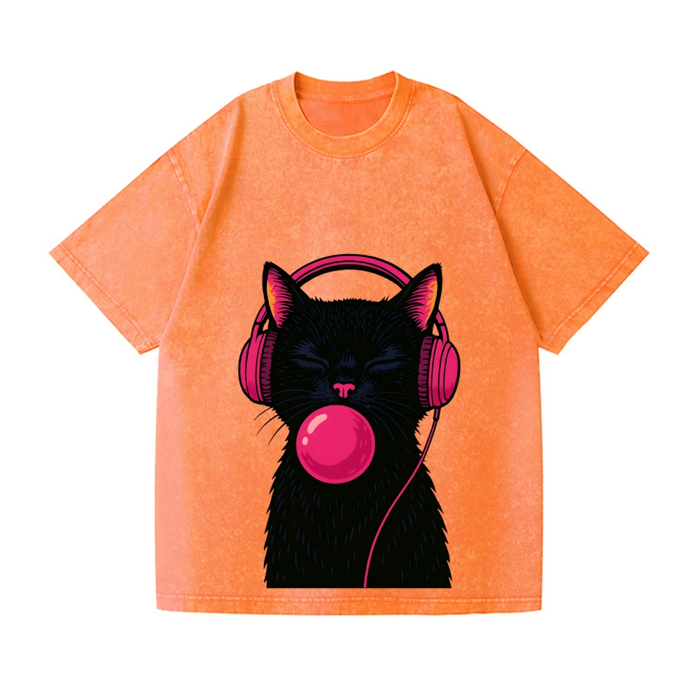 Black Music Cat Vintage Wash Japanese Design T-Shirt