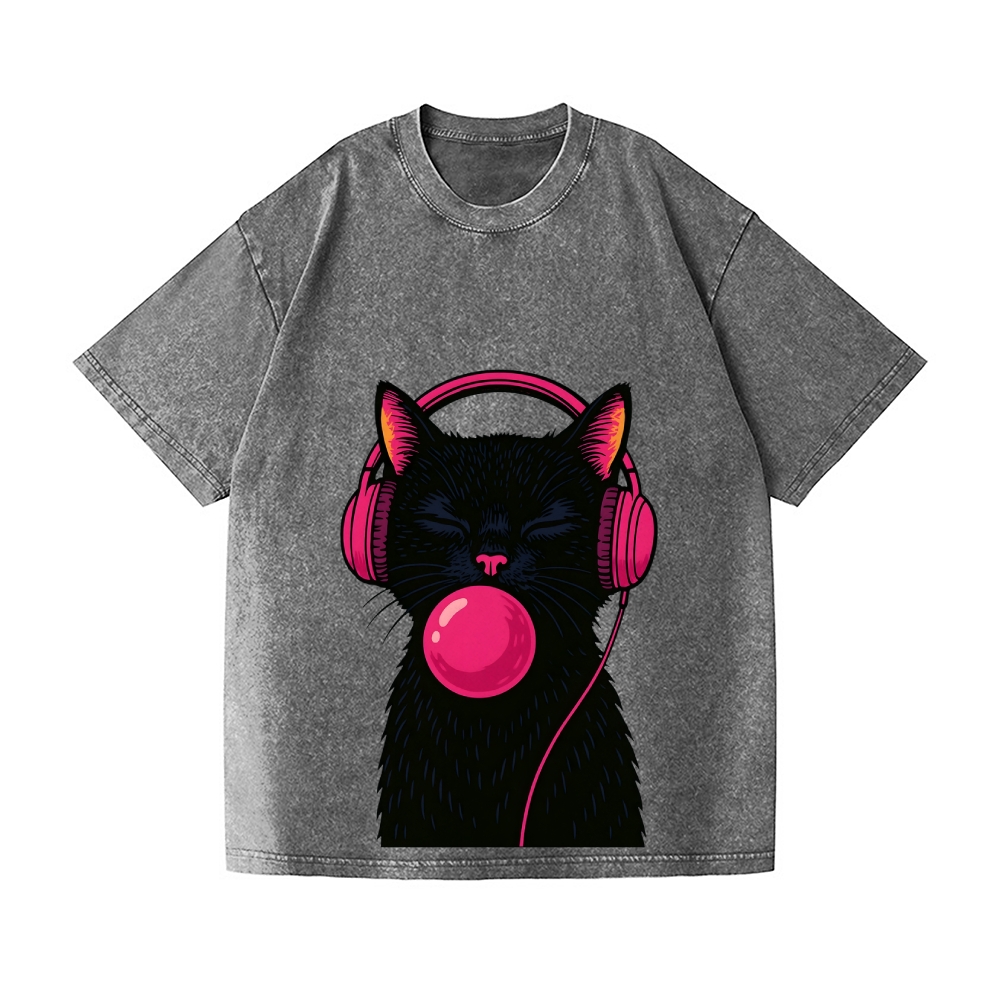 Black Music Cat Vintage Wash Japanese Design T-Shirt