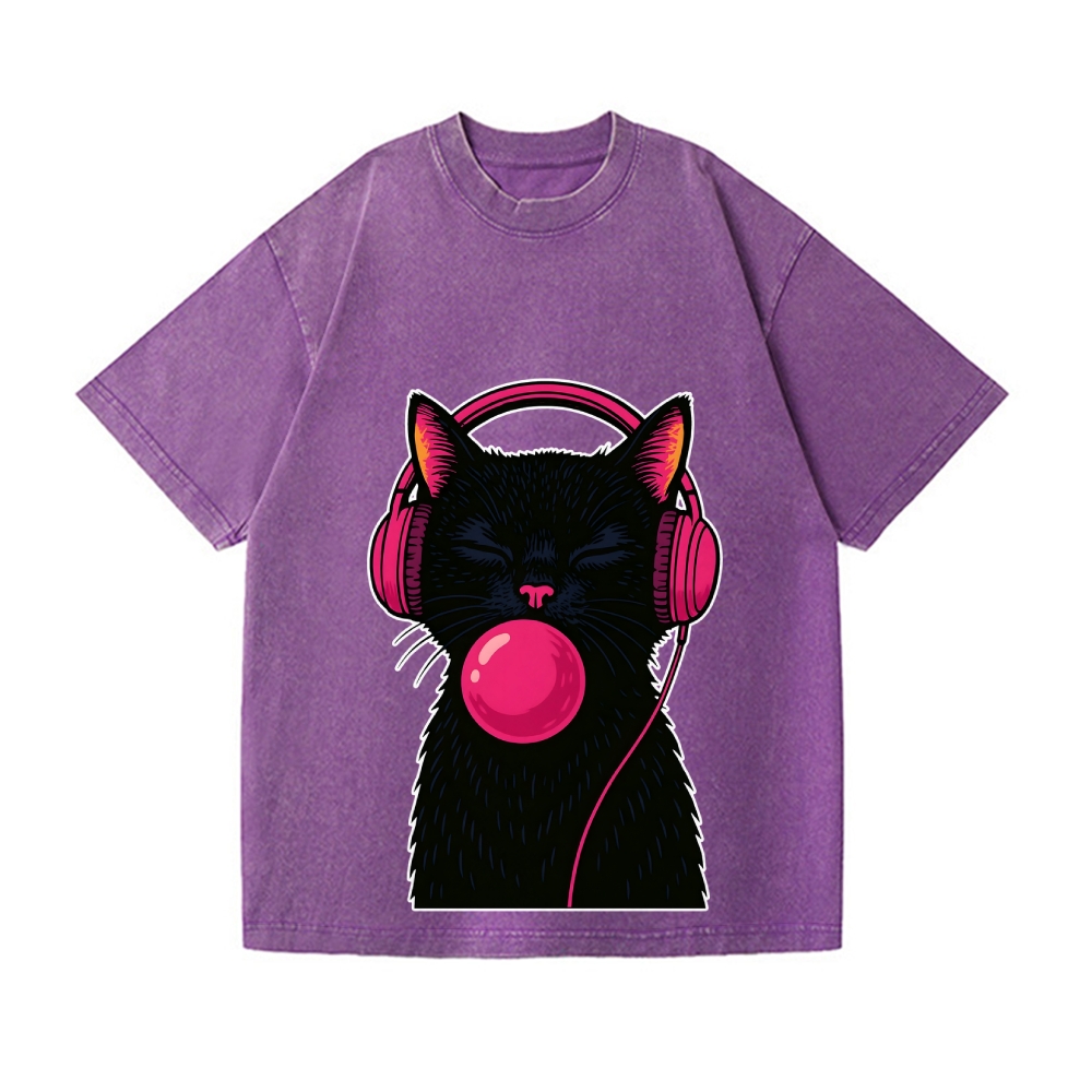 Black Music Cat Vintage Wash Japanese Design T-Shirt