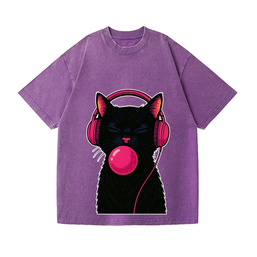 Black Music Cat Vintage Wash Japanese Design T-Shirt