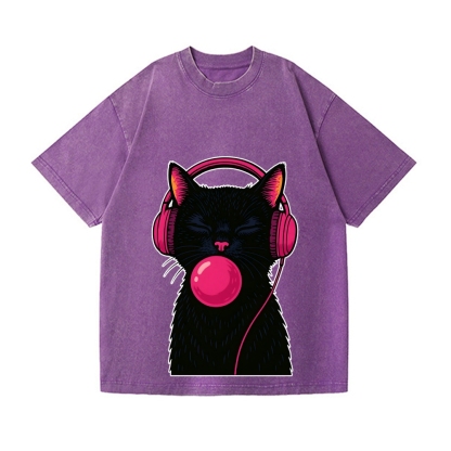 Black Music Cat Vintage Wash Japanese Design T-Shirt