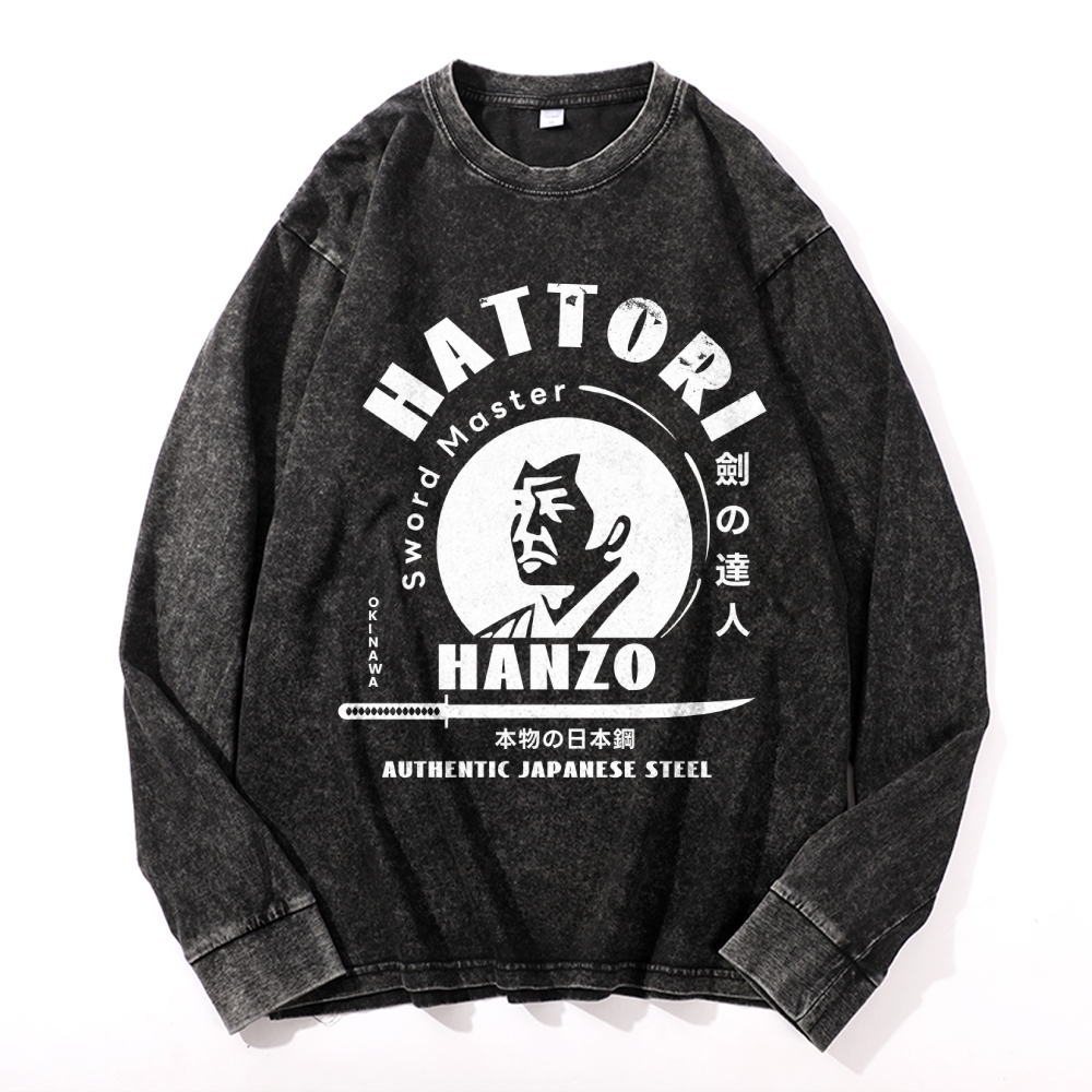 Okinawa Hattori Hanzo Vintage Cotton Wash Crewneck Long-Sleeve T-Shirt